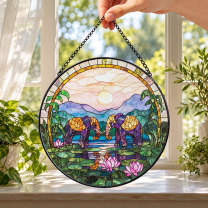 Mountain Cottage with Purple Garden round stained glass window hanging – second gallery view