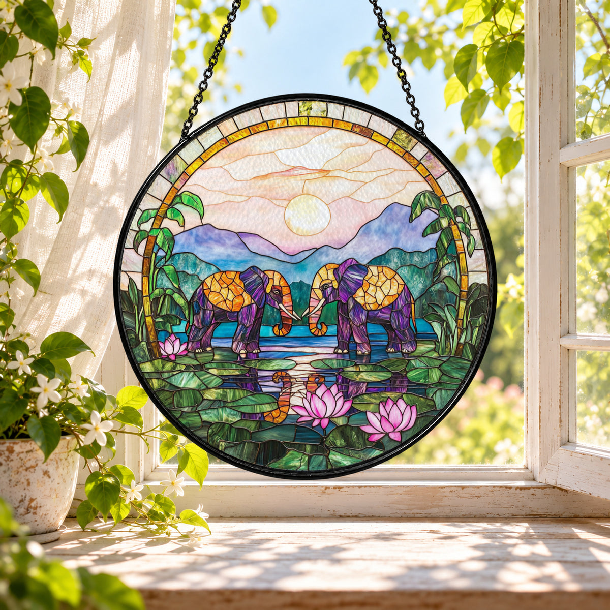 Mountain Cottage with Purple Garden stained glass window suncatcher – third gallery view