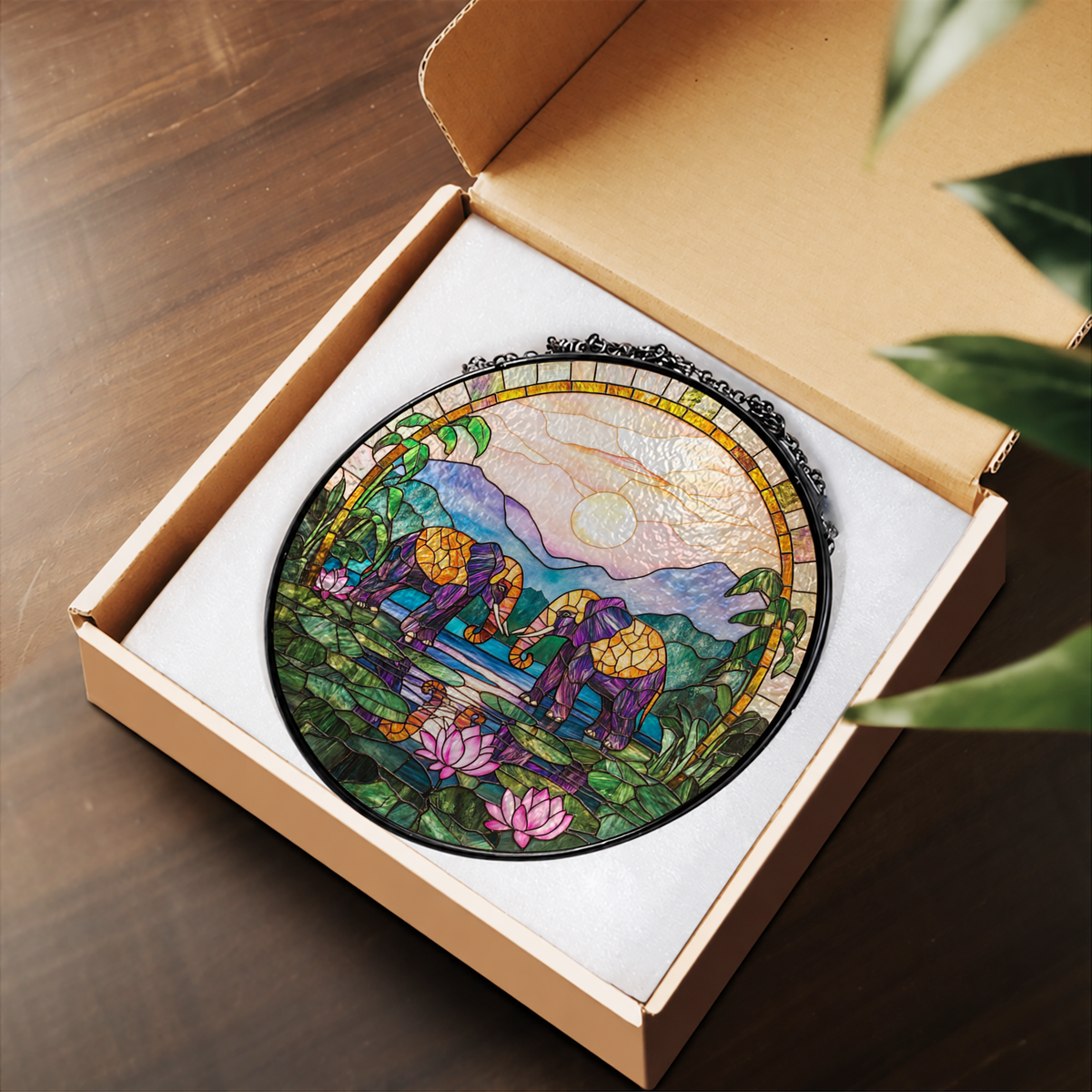 Mountain Cottage with Purple Garden stained glass suncatcher – flat printed artwork design
