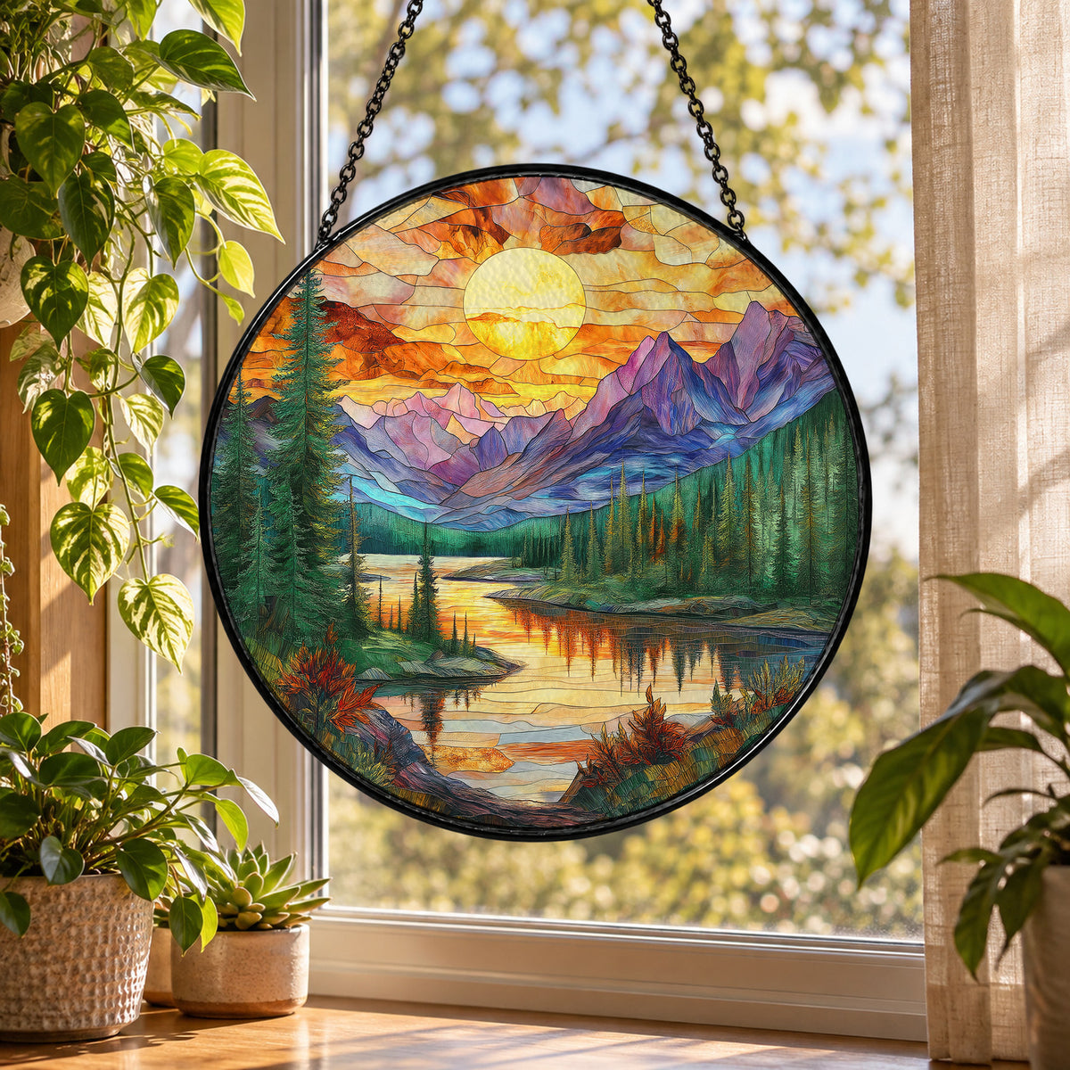 Mountain Lake at Golden Sunset stained glass suncatcher window hanging – front design view