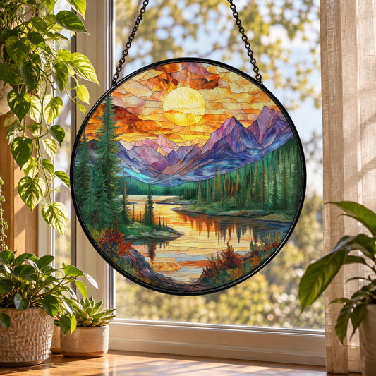 Mountain Lake at Golden Sunset stained glass suncatcher window hanging – front design view