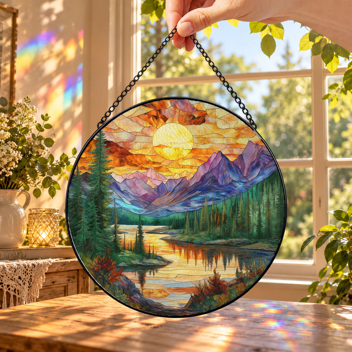 Mountain Lake at Golden Sunset round stained glass window hanging – second gallery view