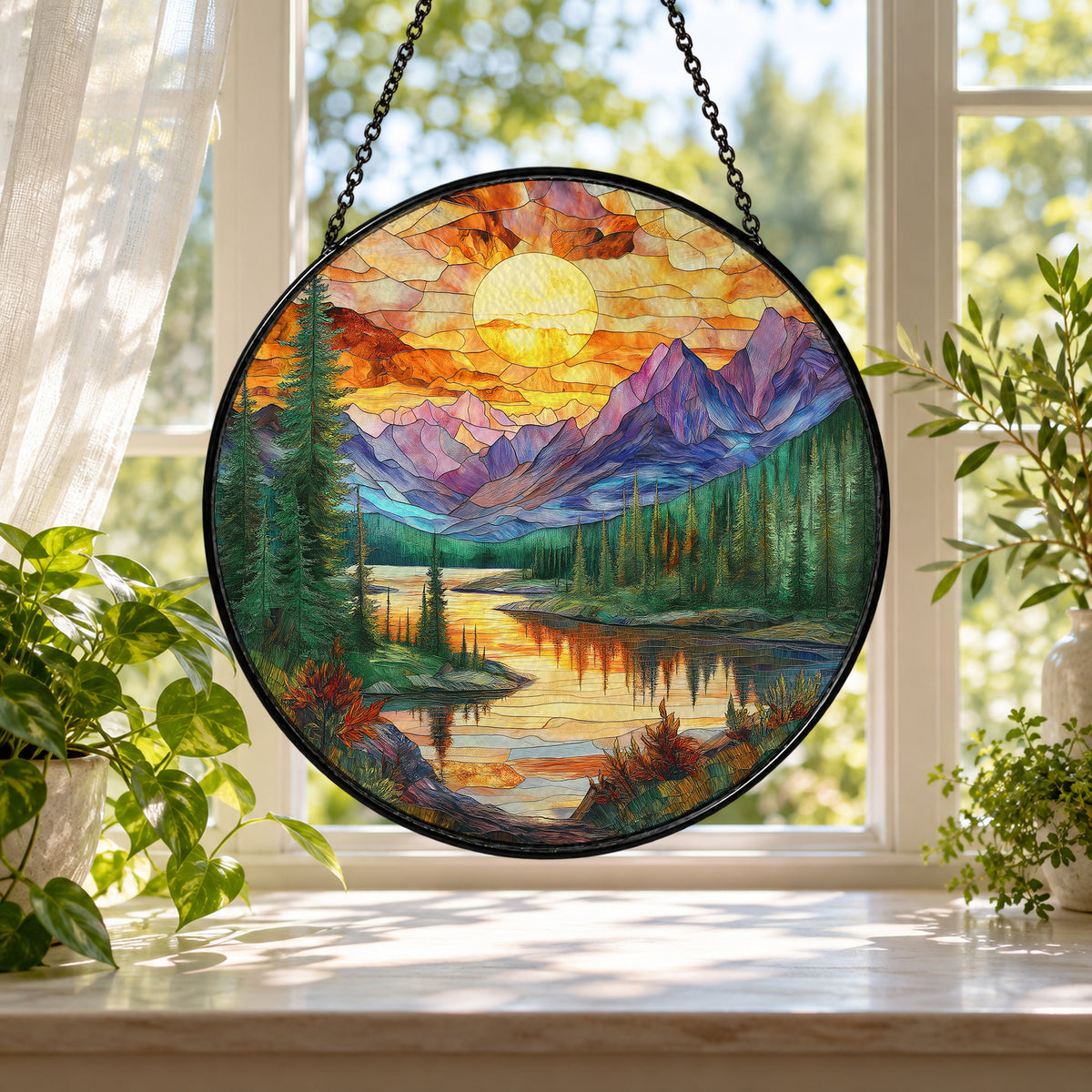 Mountain Lake at Golden Sunset stained glass window suncatcher – third gallery view