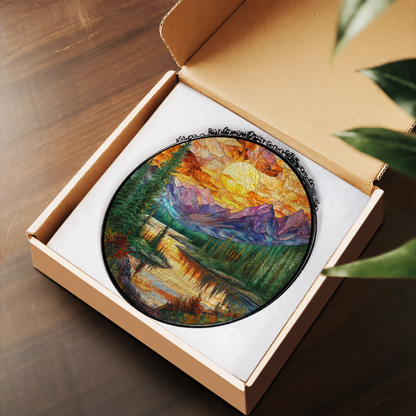 Mountain Lake at Golden Sunset stained glass suncatcher – flat printed artwork design