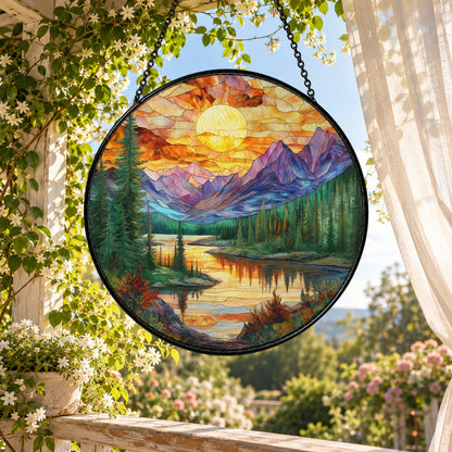 Mountain Lake beneath Bright Sunset stained glass suncatcher window hanging – front design view