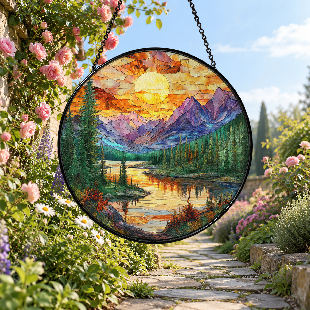 Mountain Lake beneath Bright Sunset stained glass window suncatcher – third gallery view