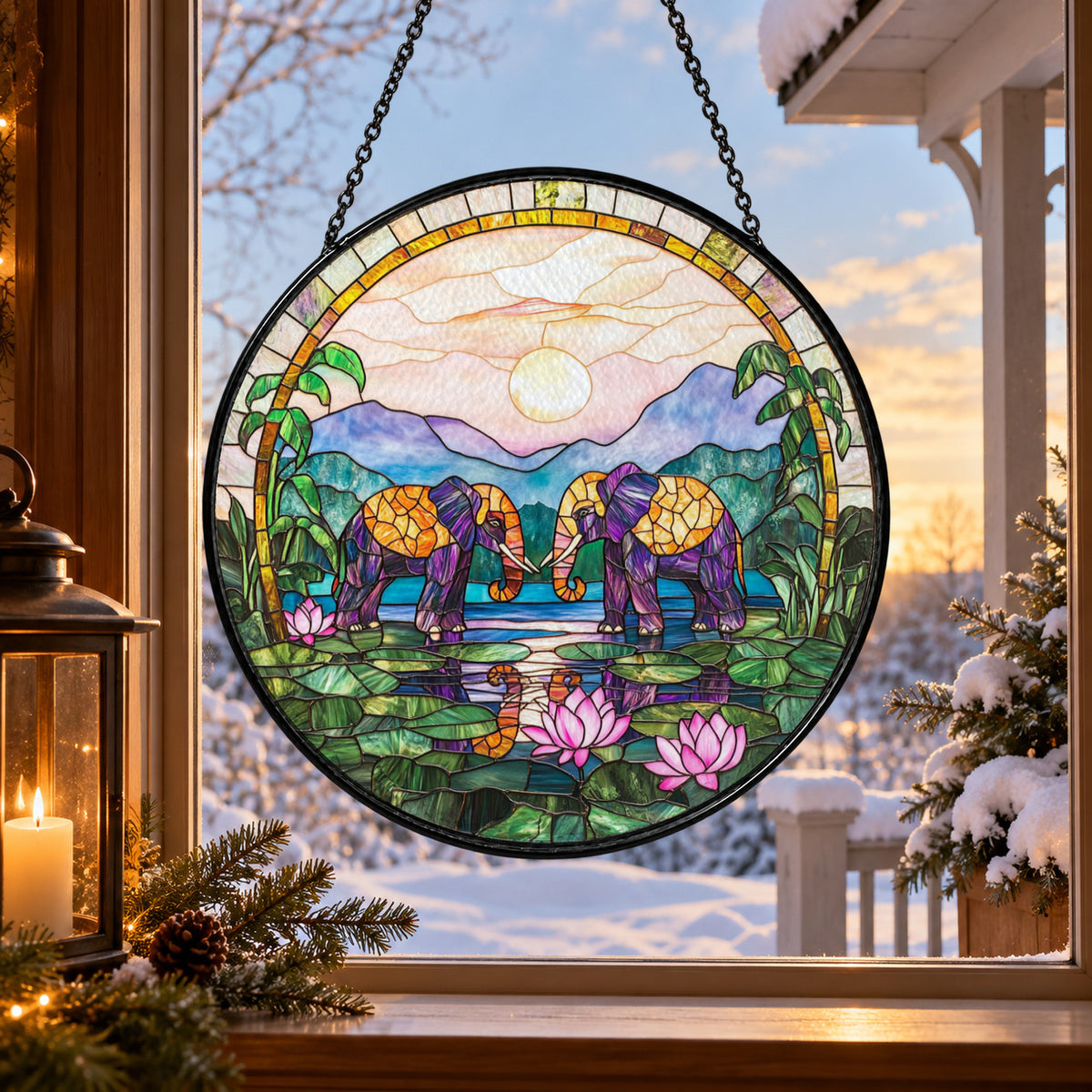 Mountain Lake Cottage with Purple Flowers stained glass suncatcher window hanging – front design view