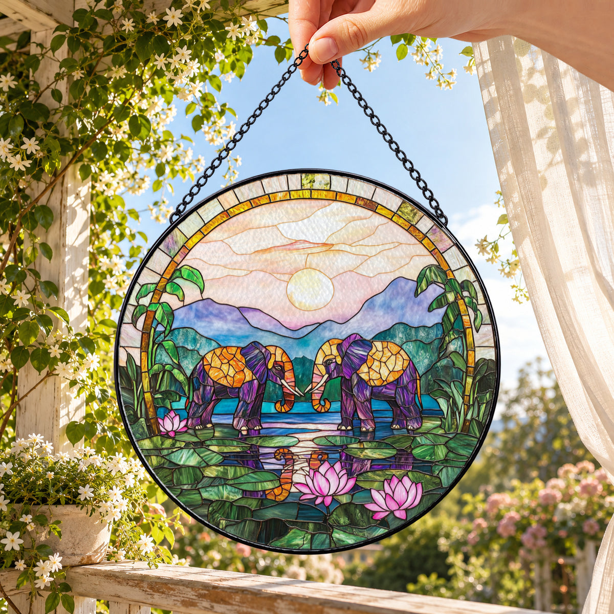 Mountain Lake Cottage with Purple Flowers round stained glass window hanging – second gallery view