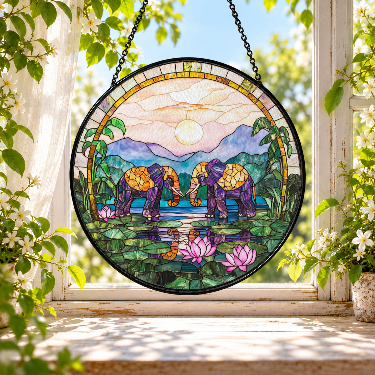 Mountain Lake Cottage with Purple Flowers stained glass window suncatcher – third gallery view
