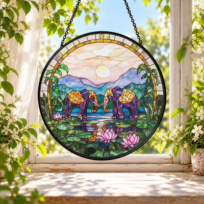 Mountain Lake Cottage with Purple Flowers stained glass window suncatcher – third gallery view