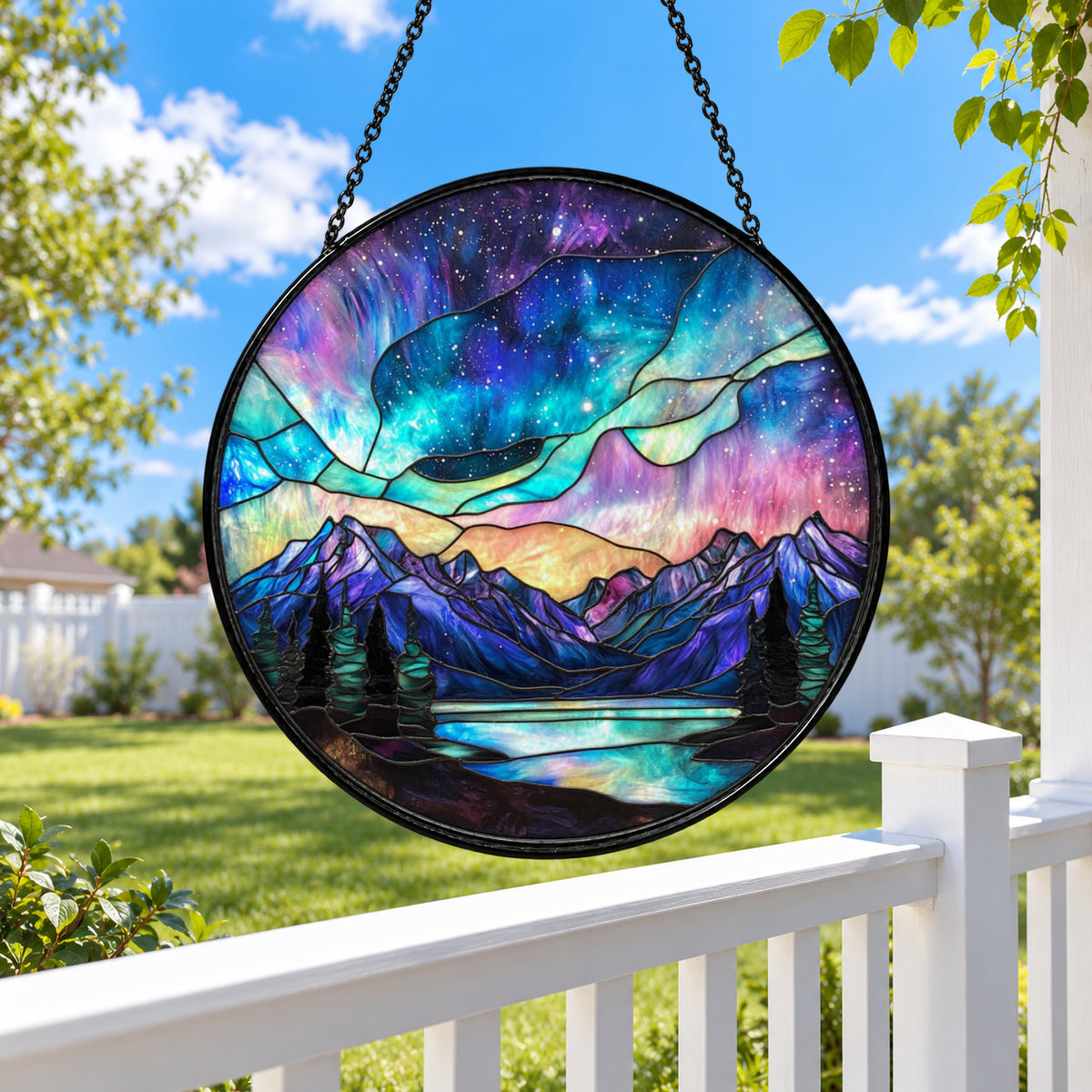 Northern Lights over Blue Mountains stained glass suncatcher window hanging – front design view
