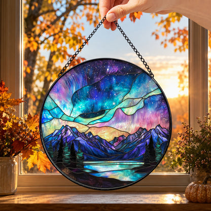 Northern Lights over Blue Mountains round stained glass window hanging – second gallery view