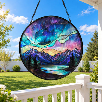 Northern Lights over Blue Mountains stained glass window suncatcher – third gallery view
