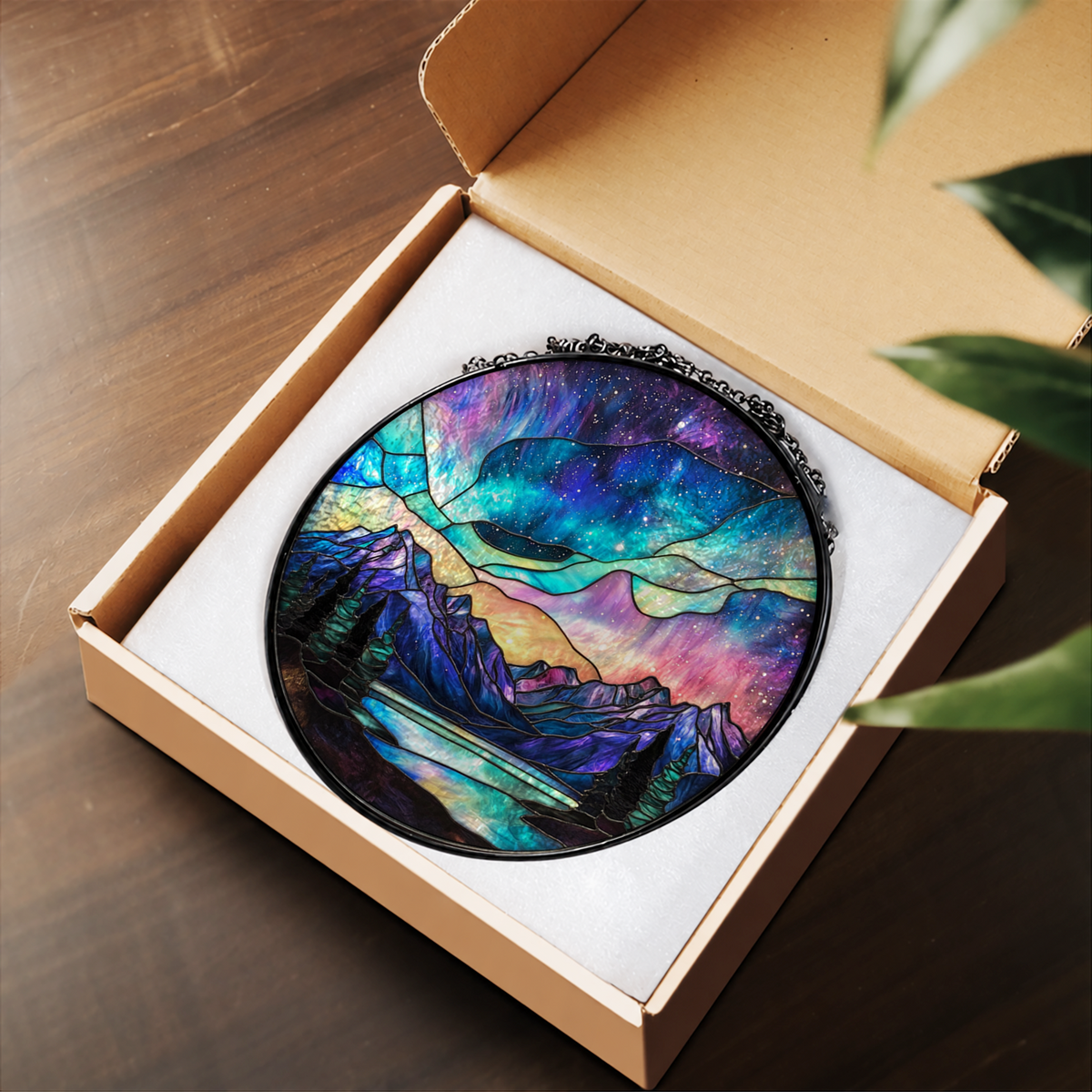 Northern Lights over Blue Mountains stained glass suncatcher – flat printed artwork design