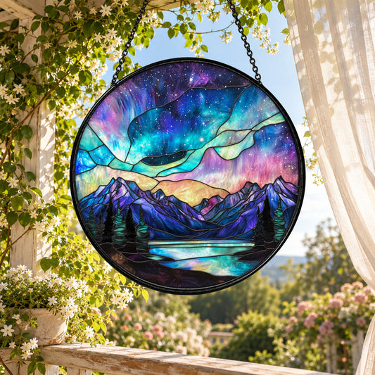 Northern Lights over Mountain Lake stained glass suncatcher window hanging – front design view