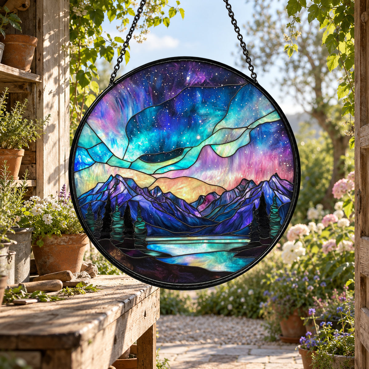 Northern Lights over Mountain Lake stained glass window suncatcher – third gallery view