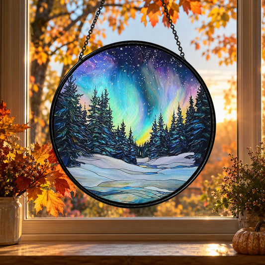 Northern Lights over Snowy Pine Trees stained glass suncatcher window hanging – front design view
