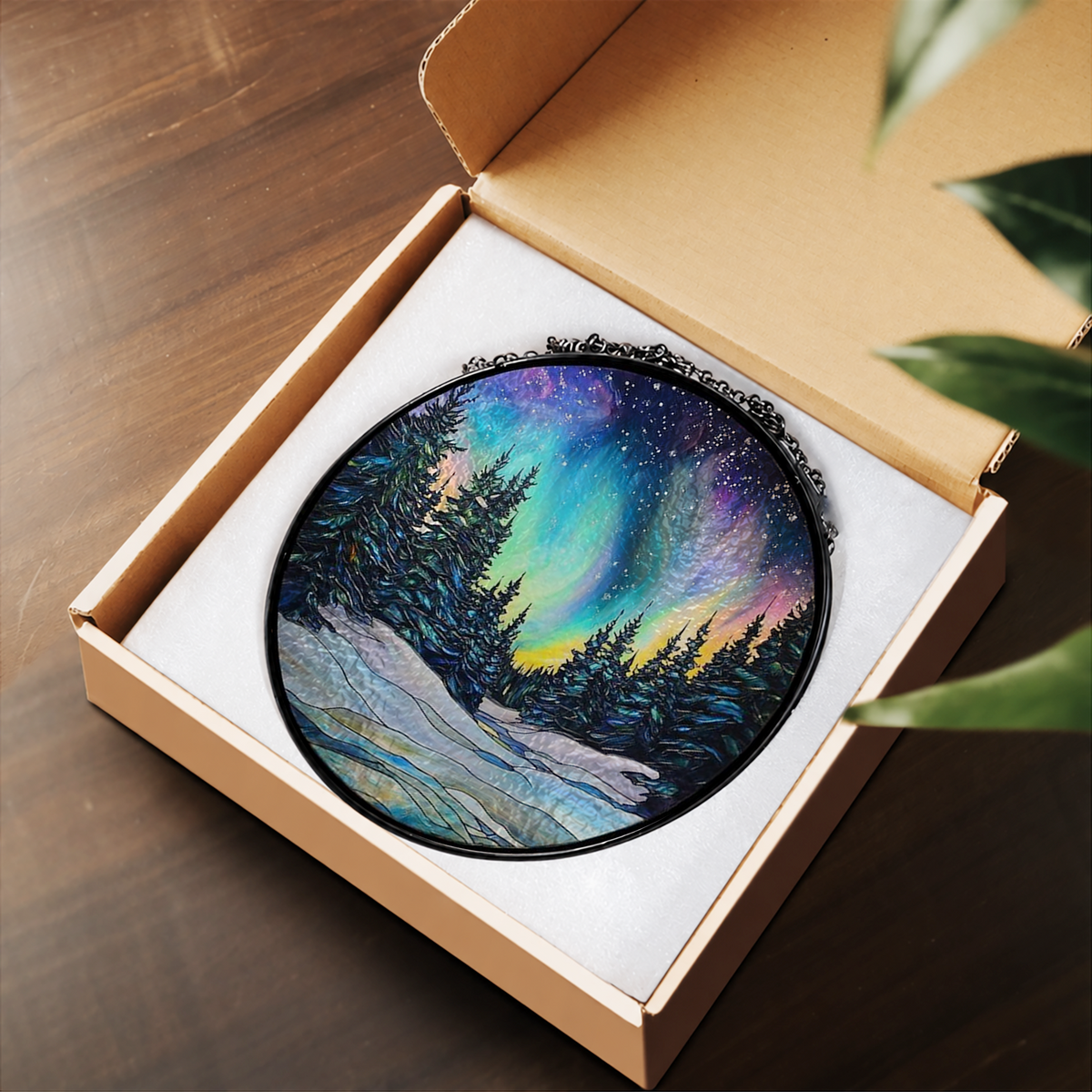 Northern Lights over Snowy Pine Trees stained glass suncatcher – flat printed artwork design