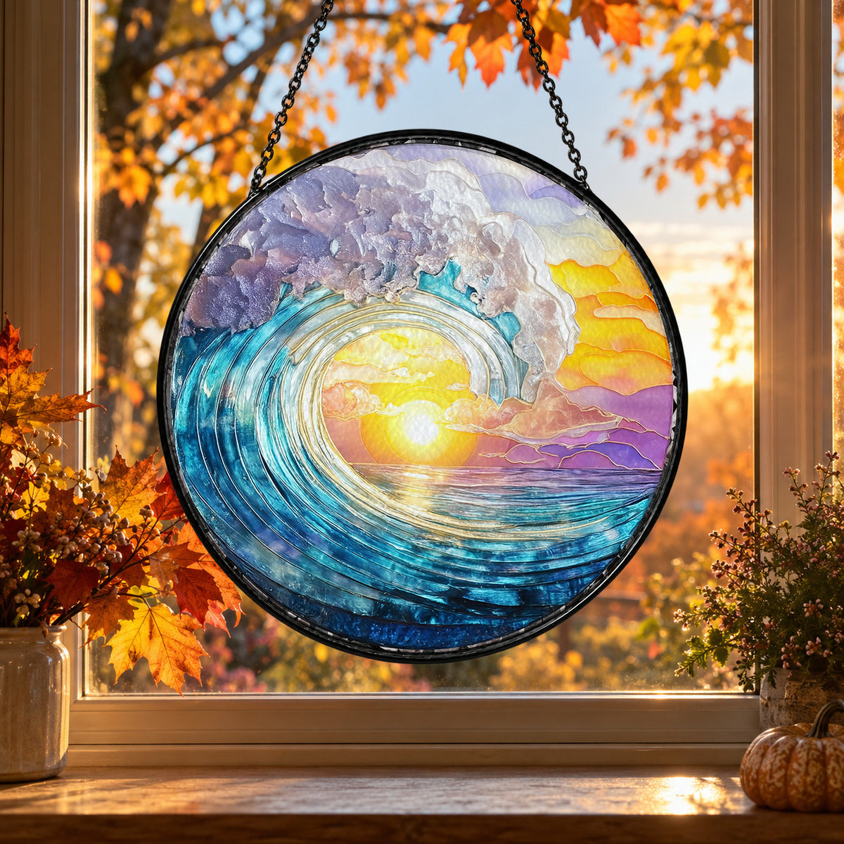 Ocean Wave and Golden Sunset stained glass suncatcher window hanging – front design view