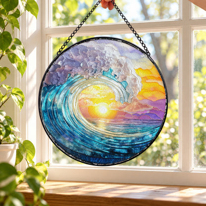 Ocean Wave and Golden Sunset round stained glass window hanging – second gallery view