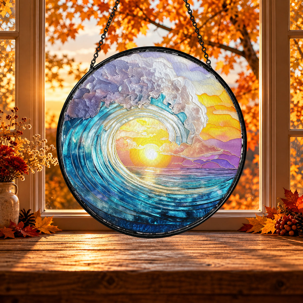 Ocean Wave and Golden Sunset stained glass window suncatcher – third gallery view