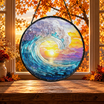 Ocean Wave and Golden Sunset stained glass window suncatcher – third gallery view