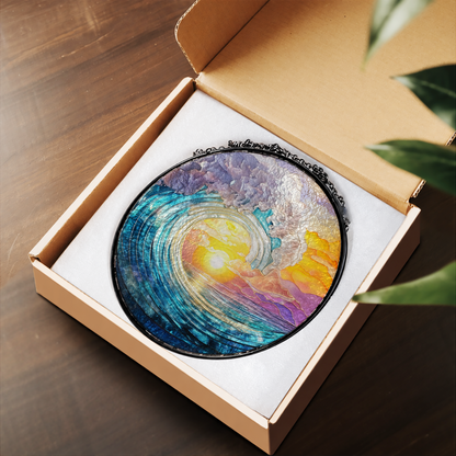 Ocean Wave and Golden Sunset stained glass suncatcher – flat printed artwork design