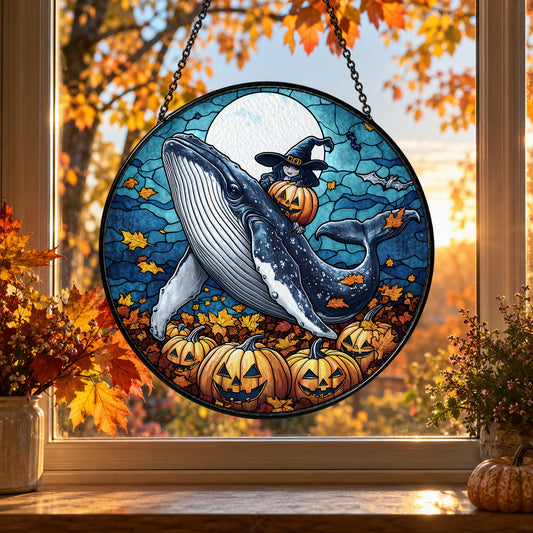Ocean Whale and Autumn Pumpkins stained glass suncatcher window hanging – front design view
