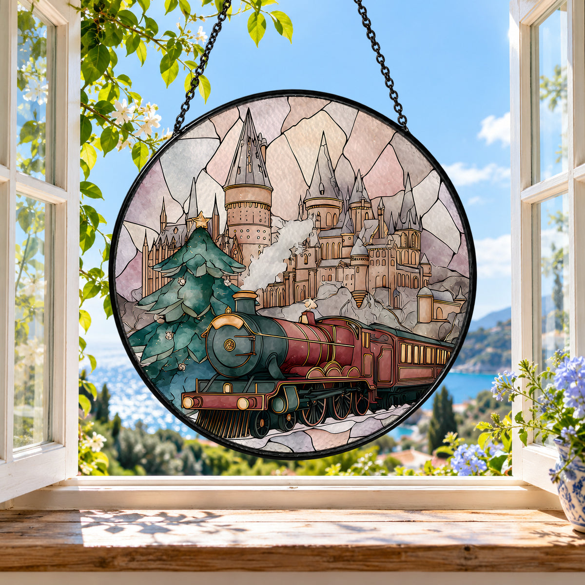 Old Steam Locomotive by Castle stained glass suncatcher window hanging – front design view