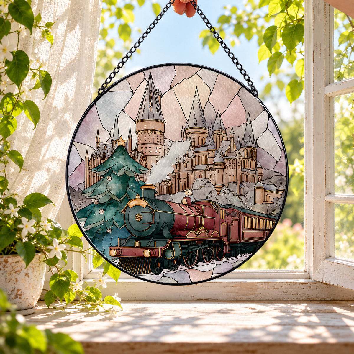 Old Steam Locomotive by Castle round stained glass window hanging – second gallery view