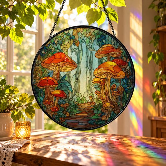 Orange Mushroom Forest Scene stained glass suncatcher window hanging – front design view