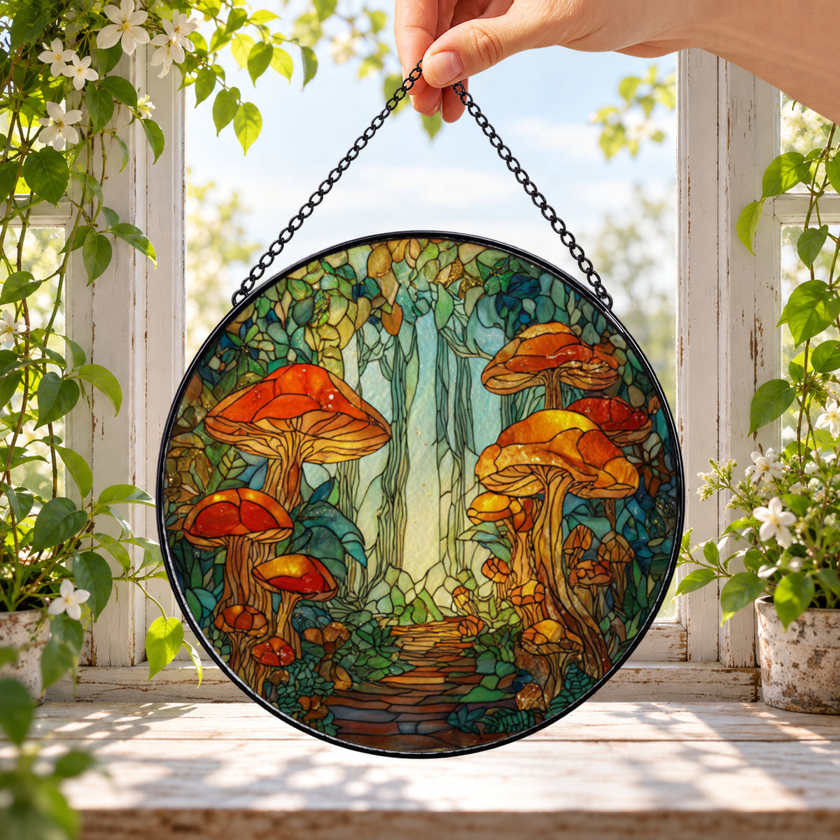 Orange Mushroom Forest Scene round stained glass window hanging – second gallery view