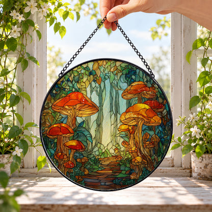 Orange Mushroom Forest Scene round stained glass window hanging – second gallery view