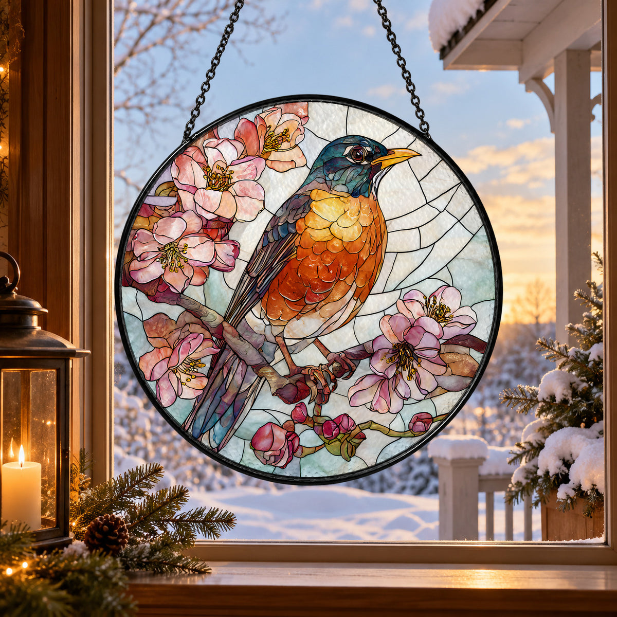 Orange Robin on Pink Blossoms stained glass suncatcher window hanging – front design view