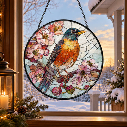 Orange Robin on Pink Blossoms stained glass suncatcher window hanging – front design view