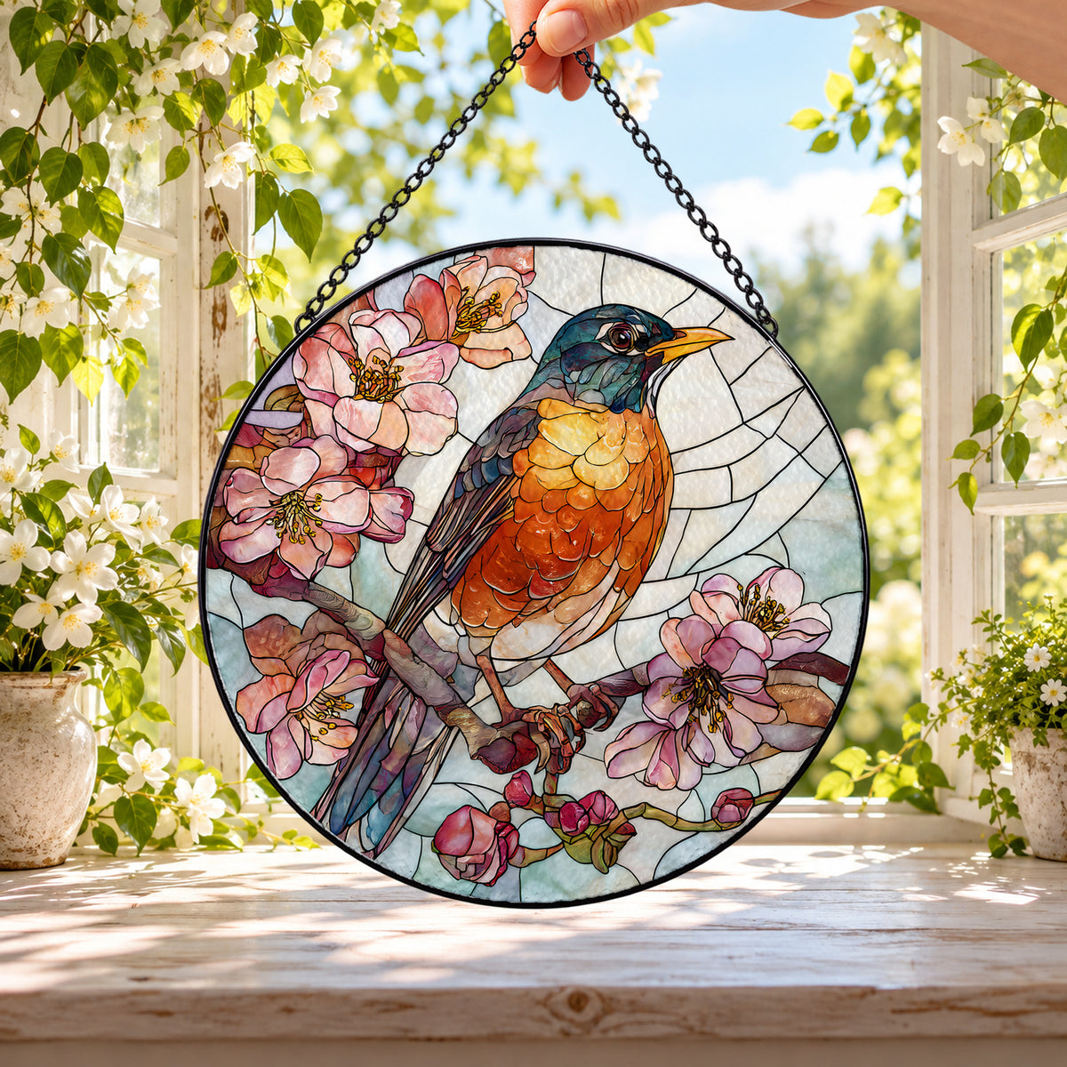 Orange Robin on Pink Blossoms round stained glass window hanging – second gallery view