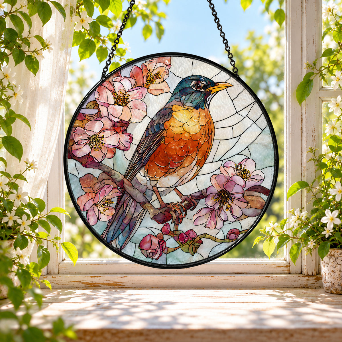 Orange Robin on Pink Blossoms stained glass window suncatcher – third gallery view