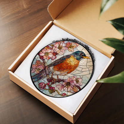 Orange Robin on Pink Blossoms stained glass suncatcher – flat printed artwork design