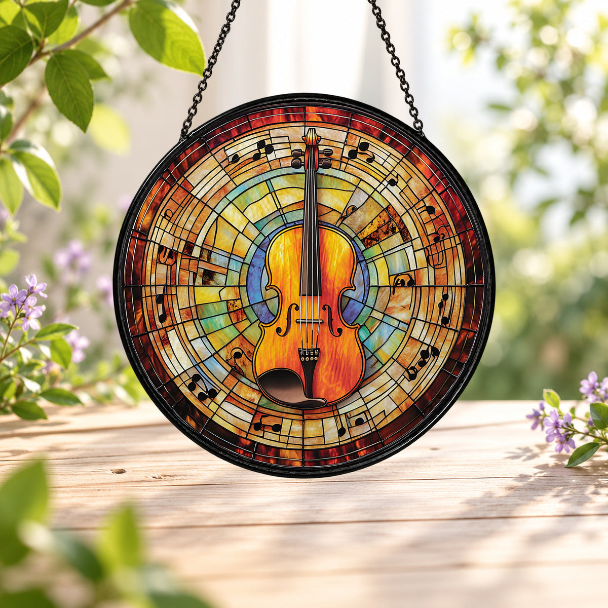 Orange Violin with Musical Notes stained glass window suncatcher – third gallery view