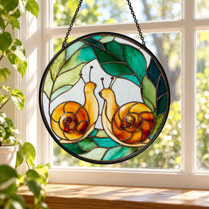 Pair of Garden Snails on Leaves stained glass window suncatcher – third gallery view