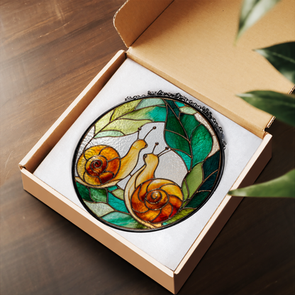 Pair of Garden Snails on Leaves stained glass suncatcher – flat printed artwork design