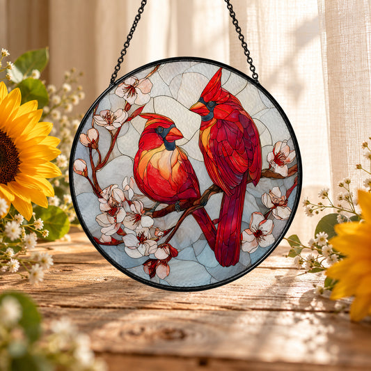 Pair of Red Cardinals on Blossom Branch stained glass suncatcher window hanging – front design view