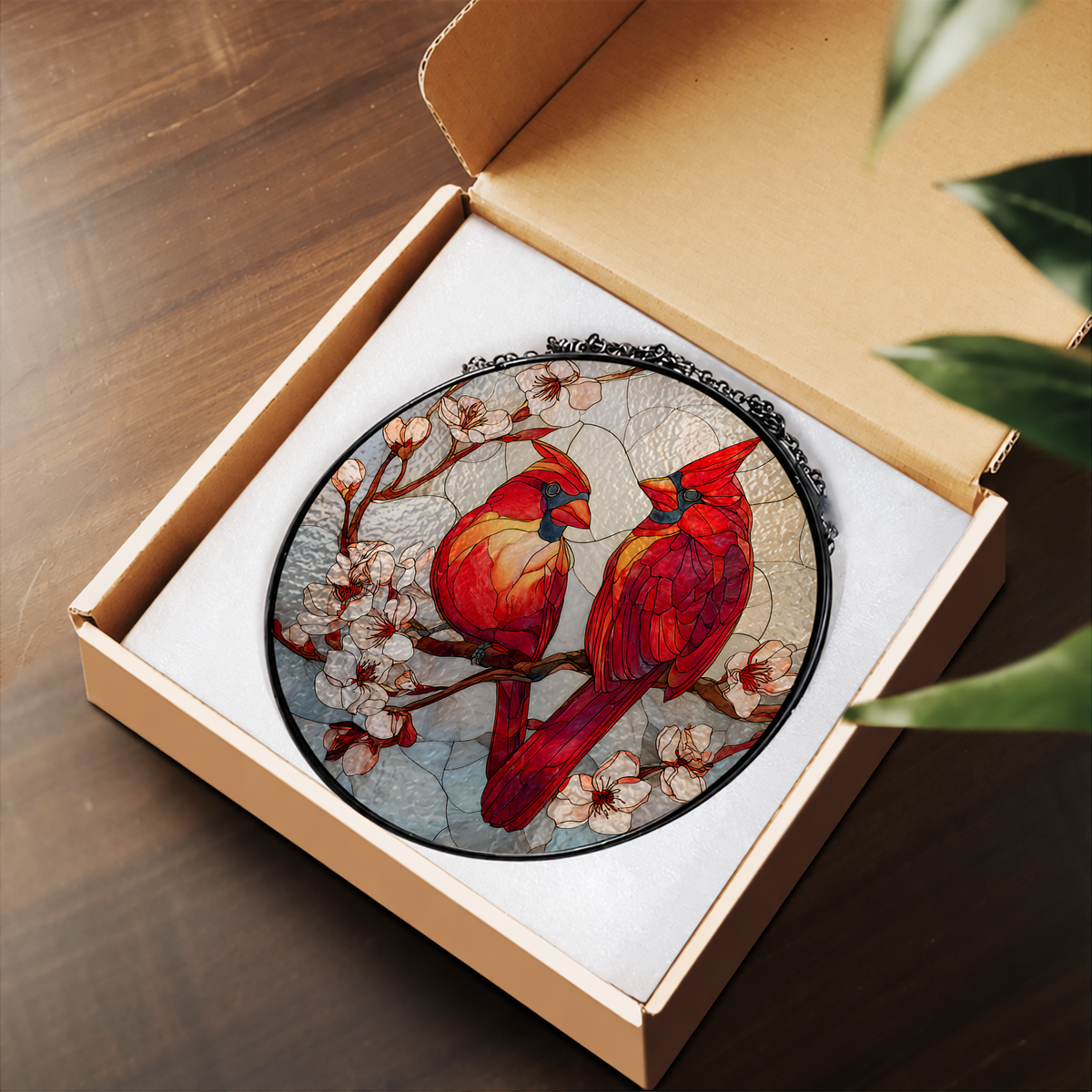 Pair of Red Cardinals on Blossom Branch stained glass suncatcher – flat printed artwork design