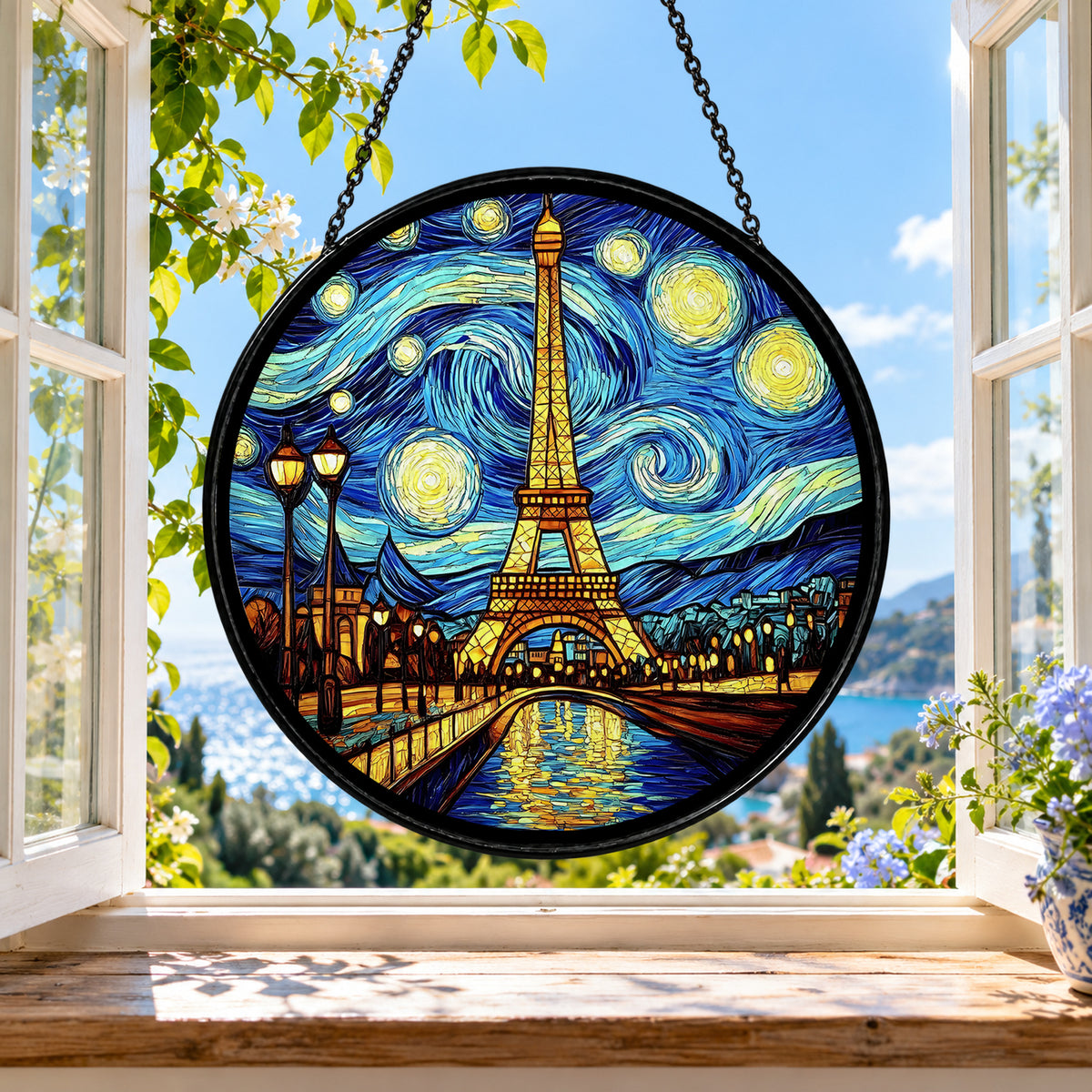 Paris Eiffel Tower Starry Sky stained glass suncatcher window hanging – front design view