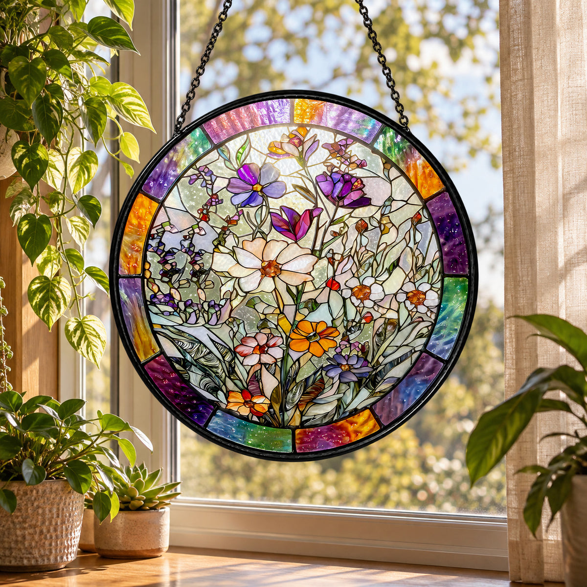 Pastel Butterflies and Garden Wildflowers stained glass suncatcher window hanging – front design view