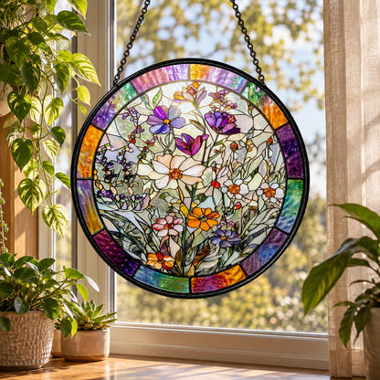 Pastel Butterflies and Garden Wildflowers stained glass suncatcher window hanging – front design view