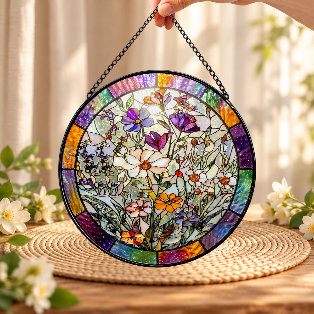 Pastel Butterflies and Garden Wildflowers round stained glass window hanging – second gallery view
