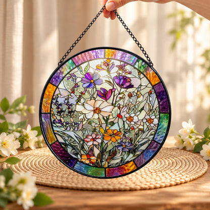 Pastel Butterflies and Garden Wildflowers round stained glass window hanging – second gallery view