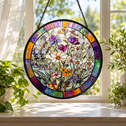 Pastel Butterflies and Garden Wildflowers stained glass window suncatcher – third gallery view