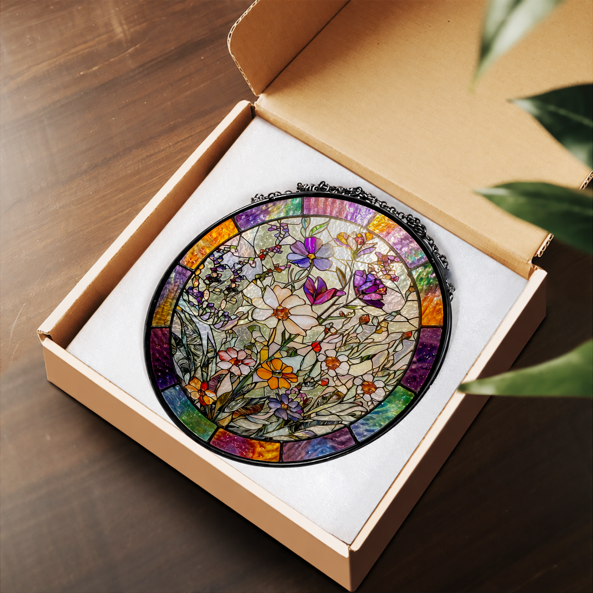 Pastel Butterflies and Garden Wildflowers stained glass suncatcher – flat printed artwork design
